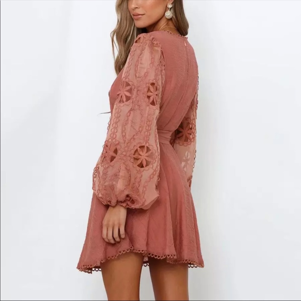 Lantern Puff Crochet Sleeve Boho Gypsy Dress Rust - Picture 2 of 8